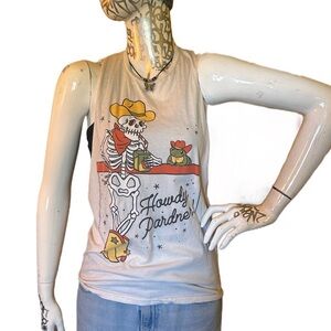 “Howdy Partner” Cowboy Skeleton and frog Graphic Muscle Tank